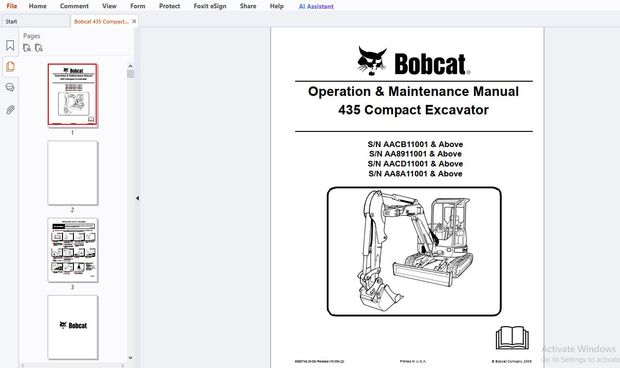 Bobcat 435 Compact Excavator Operation &amp; Maintenance Manual 6986748 - PDF DOWNLOAD