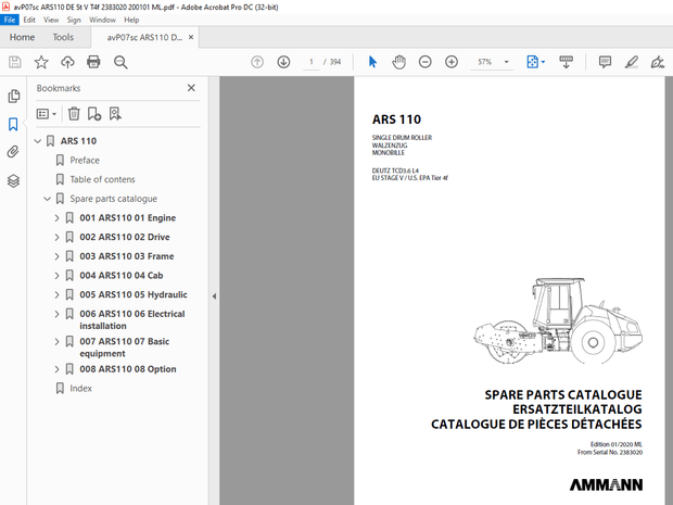 Ammann ARS 110 Single Drum Roller Parts Catalogue Manual 2383020 PDF