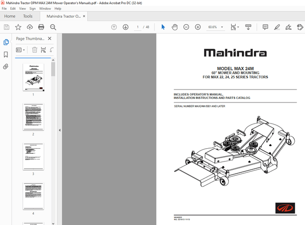 Mahindra Tractor MAX 24M 60” MOWER AND MOUNTING FOR MAX 22, 24, 25 SERIES Operator’s Manual – PDF 