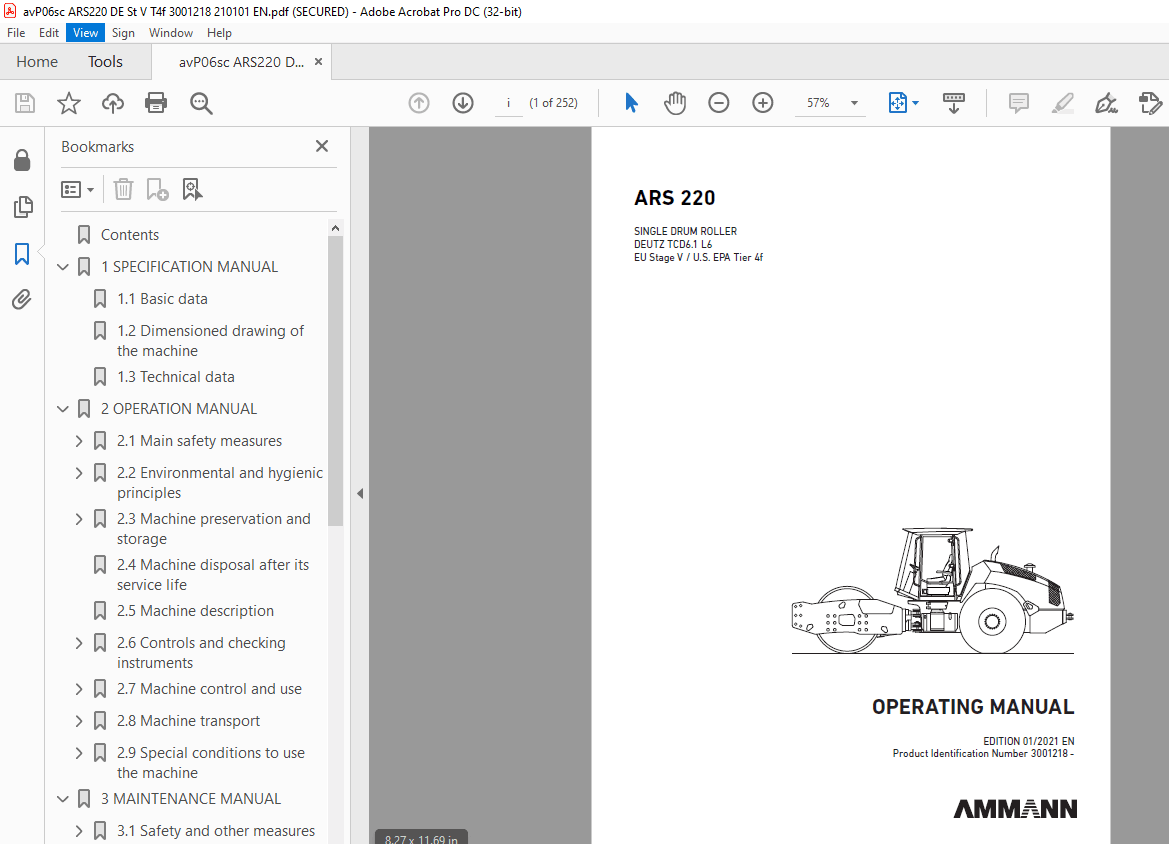 Ammann ASC 220 Single Drum Roller Operating Manual 3001218 - PDF