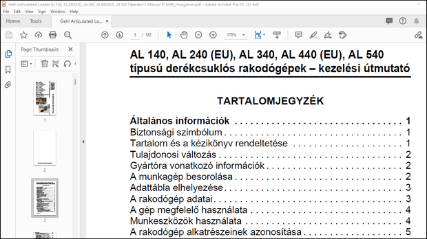 Gehl AL 140 AL 240(EU) AL 340 AL 440(EU) AL 540 Derékcsuklós rakodógépek Kezelési útmutató 50940567 