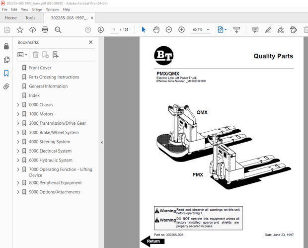 BT Prime-Mover PMX QMX Electric Low Lift Pallet Truck Parts Manual_1997 - PDF DOWNLOAD