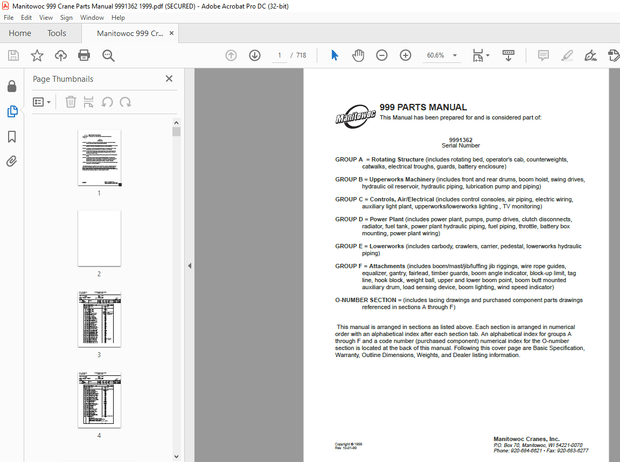 Manitowoc Traditional Crane 999 Parts Manual SN 9991362 – PDF DOWNLOAD