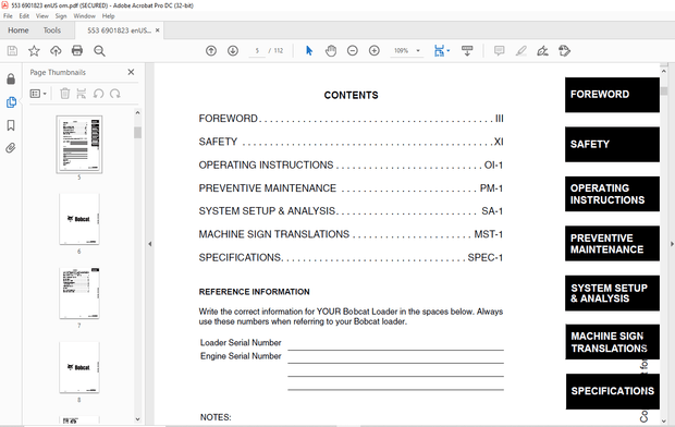 Bobcat 553 Loader Operation &amp; Maintenance Manual 6901823  - PDF DOWNLOAD