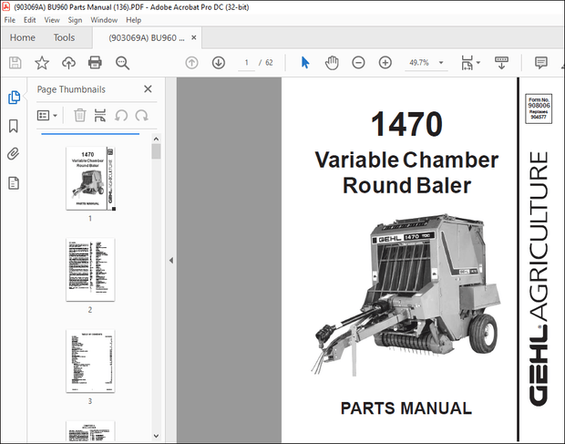 Gehl 1470 Variable Chamber Round Baler Parts Manual(908006) – PDF DOWNLOAD