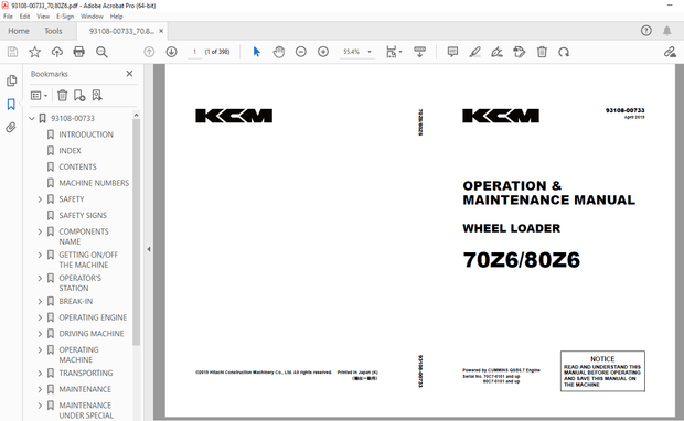 Kawasaki 70Z6 / 80Z6 Wheel Loader Operation &amp; Maintenance Manual – PDF DOWNLOAD