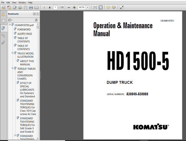Komatsu HD1500-5 Dump Truck Operation &amp; Maintenance Manual SERIAL NUMBERS A30049-A30069  PDF 