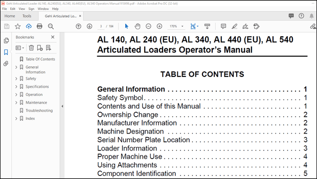 Gehl AL 140 AL 240 AL 340 AL 440(EU) AL 540 Articulated Loader Operator’s Manual 918496 – PDF 