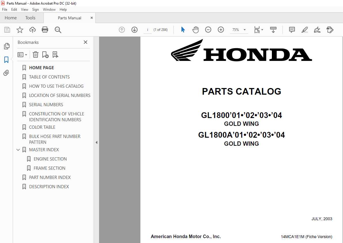 20012004 Honda GL1800 GOLD WING GL1800A GOLD WING PARTS MANUAL PDF