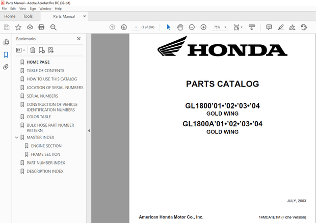 2001-2004 Honda GL1800 GOLD WING GL1800A GOLD WING PARTS MANUAL - PDF DOWNLOAD