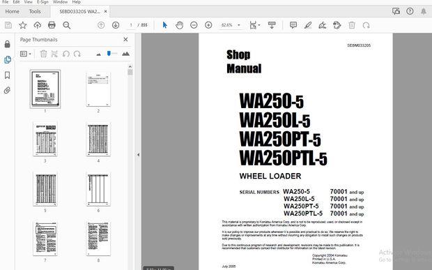 KOMATSU WA250-5 WA250L-5 WA250PT-5 WA250PTL-5 WHEEL LOADER SERVICE REPAIR WORKSHOP MANUAL - PDF