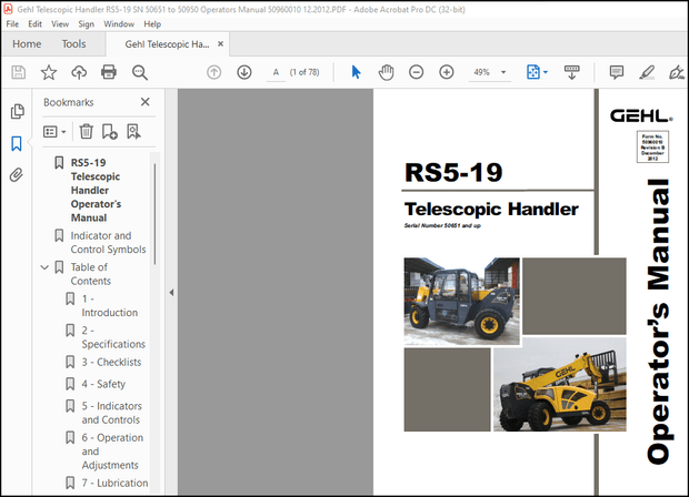 Gehl Telescopic Handler RS5-19 Operator’s Manual 50960010 – PDF DOWNLOAD