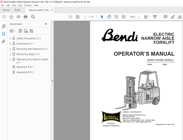 Landoll BENDI 3 WHEEL B3/25 B3/35 ELECTRIC NARROW AISLE FORKLIFT OPERATOR’S MANUAL
