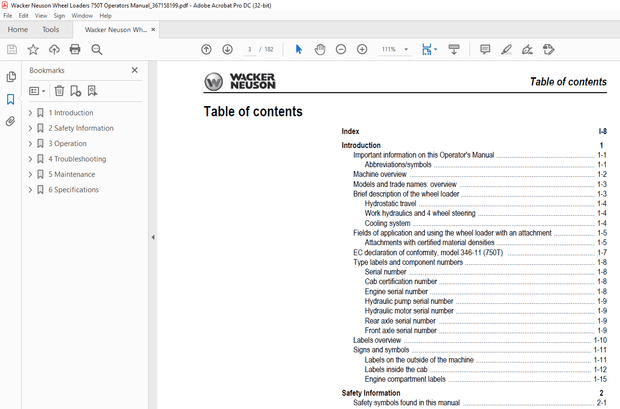 Wacker Neuson Wheel Loaders 750T Operators Manual – PDF DOWNLOAD