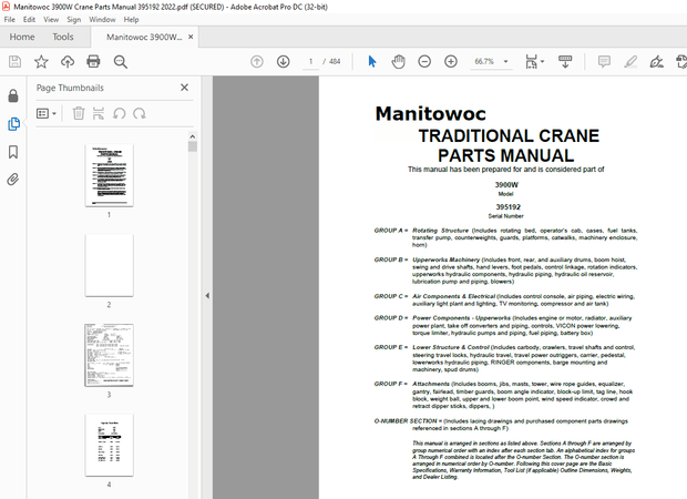 Manitowoc Traditional Crane 3900W Parts Manual SN 395192 - PDF