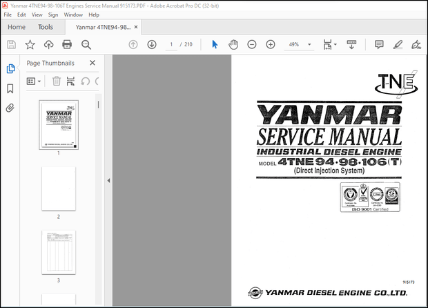 Yanmar 4TNE94-98-106T Engines Service Manual 915173 – PDF DOWNLOAD