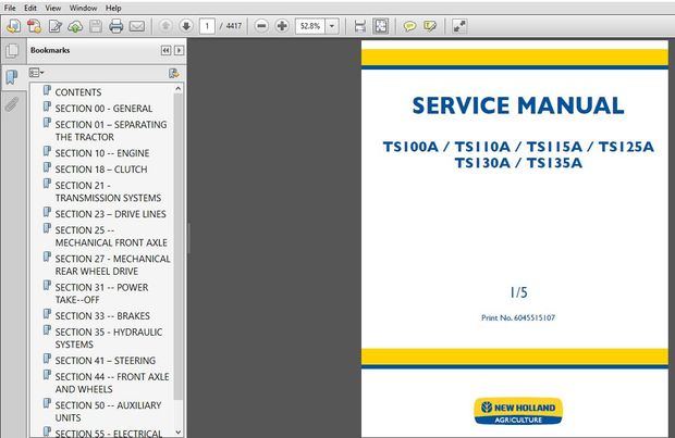 New Holland Tractor TS100A, TS110A, TS115A, TS125A TS130A, TS135A Service Manual