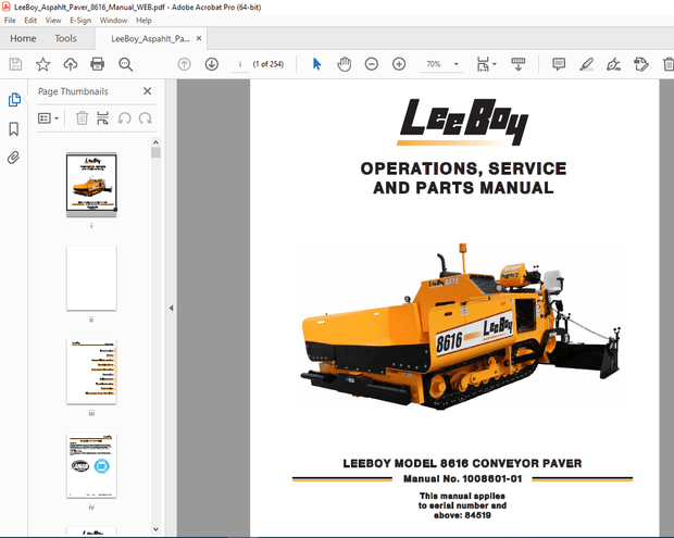 LEEBOY 8616 Conveyor Paver Operations, Service &amp; Parts Manual SN 84519 PDF DOWNLOAD