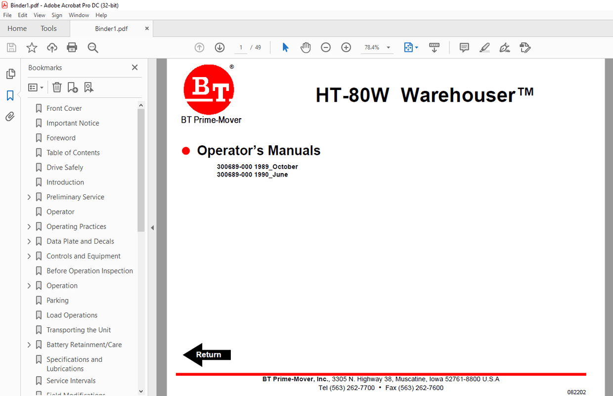 BT Forklift HTSOW HT-80W Warehouser™ Operator’s Manuals