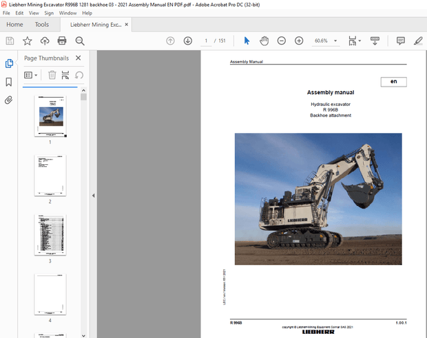 Liebherr R 996B Backhoe Attachment Hydraulic Excavator Assembly Manual – PDF DOWNLOAD