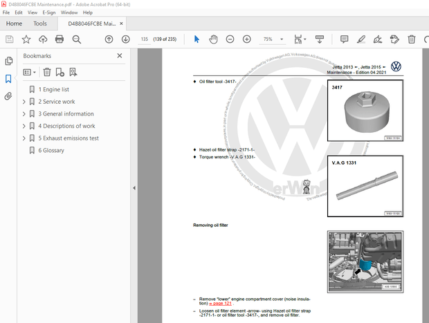 Volkswagen Jetta 2013 &amp; 2015 Maintenance Manual - PDF DOWNLOAD 