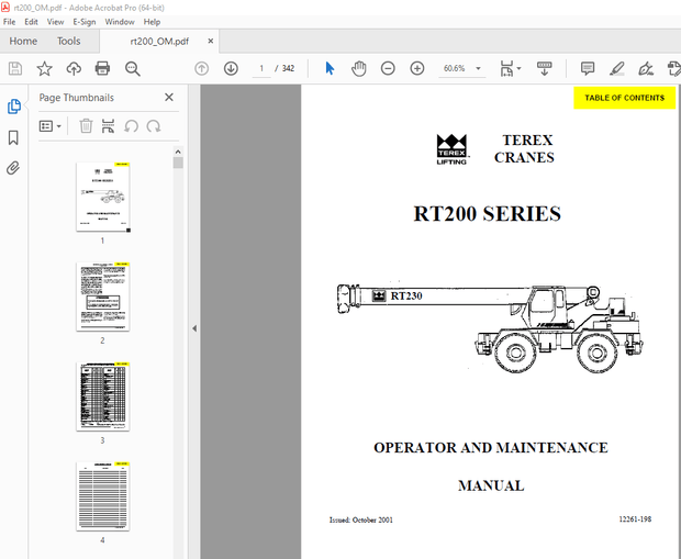 Terex Crane RT200 Series RT230 Operator &amp; Maintenance Manual 12261-198 – PDF DOWNLOAD