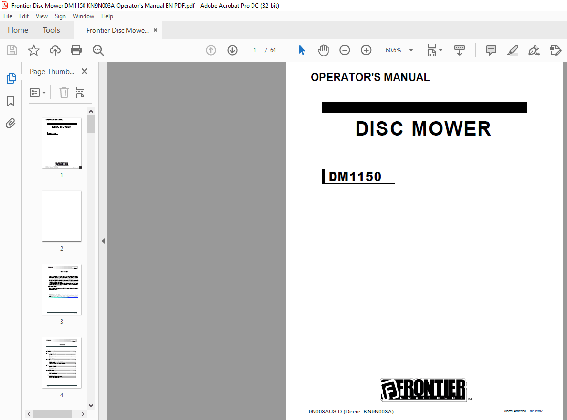Operator Disc Frontier Disc Mower DM1150 Operator’s Manual(KN9N003A) – PDF DOWNLOAD