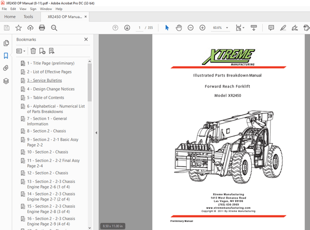 Xtreme XR2450 Forward Reach Forklift Parts Breakdown Manual PDF