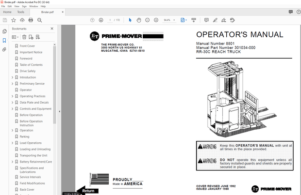 BT Forklift RR-30C REACH TRUCK Operator Manual – PDF DOWNLOAD