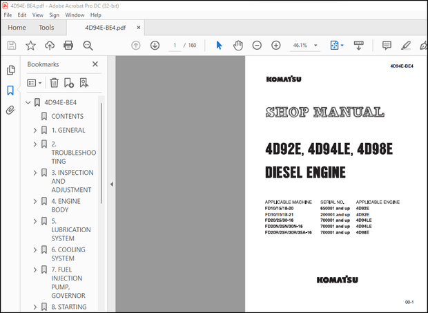 Komatsu 4D92E, 4D94LE &amp; 4D98E Diesel Engine Shop Manual 4D94E-BE4 – PDF DOWNLOAD