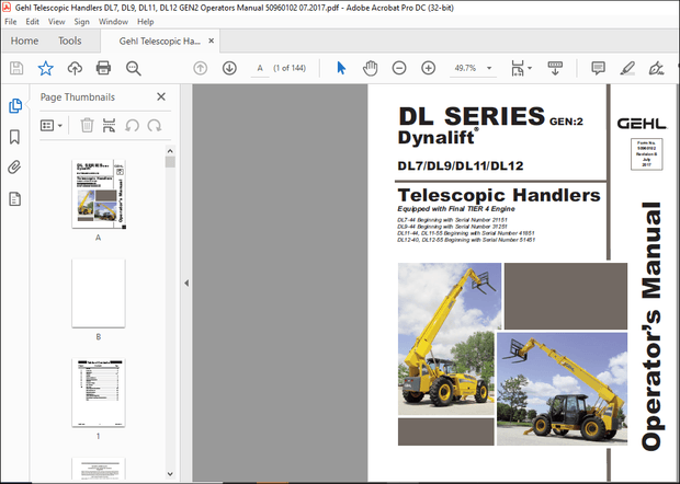 Gehl DL SERIES GEN2 Dynalift DL7 DL9 DL11 DL12 Telescopic Handler Operator’s Manual 50960102 – PDF 