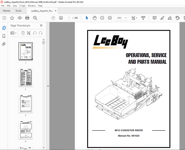 LEEBOY 8816 CONVEYOR PAVER Operations, Service &amp; Parts Manual 981620 PDF DOWNLOAD
