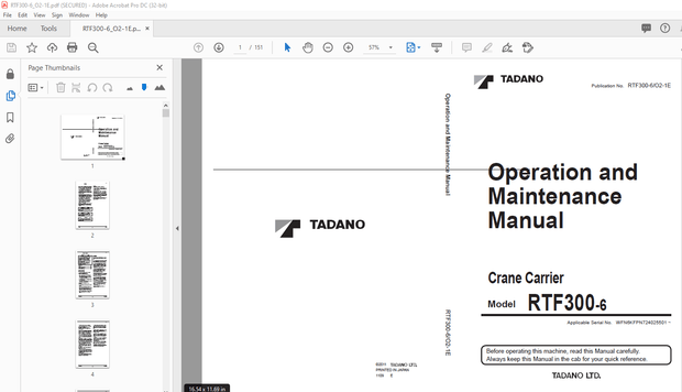 Tadano Crane Carrier RTF300-6 Operation &amp; Maintenance Manual – PDF DOWNLOAD