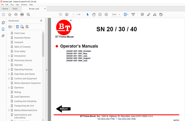 BT Forklift SN 20 30 40 ELECTRIC WALKIE STRADDLE STACKER TRUCK OPERATOR’S MANUAL  – PDF DOWNLOAD