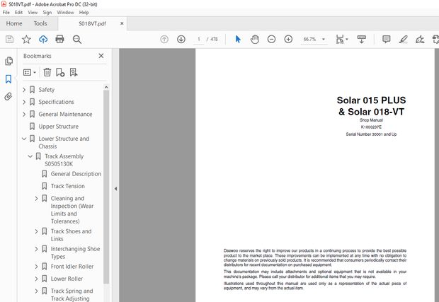 Daewoo Solar 015 Plus and 018-VT Track Excavator Shop Manual K1000237E - PDF DOWNLOAD
