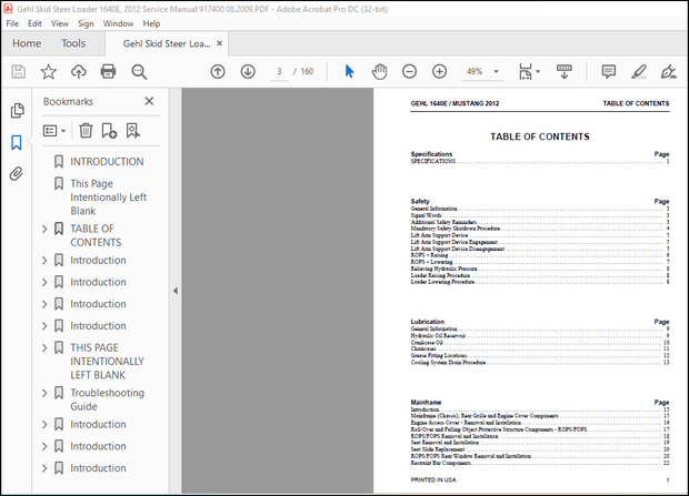 Gehl 1640E Mustang 2012 Skid Steer Loader Service Manual 917400 08.2009 – PDF DOWNLOAD
