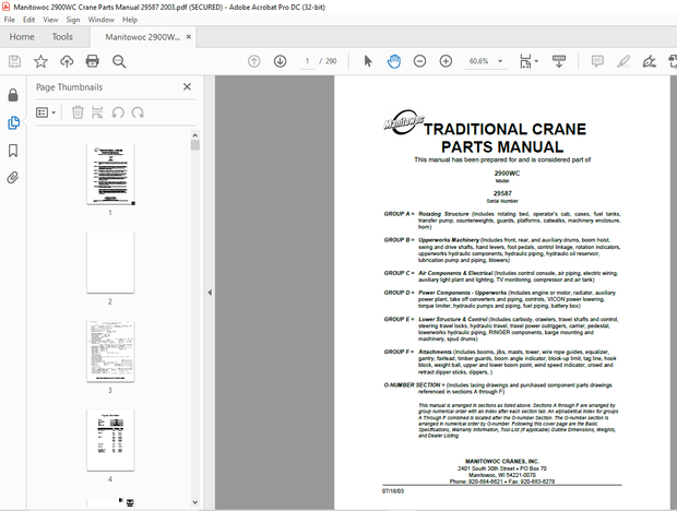 Manitowoc Traditional Crane 2900WC Parts Manual SN 29587 – PDF DOWNLOAD