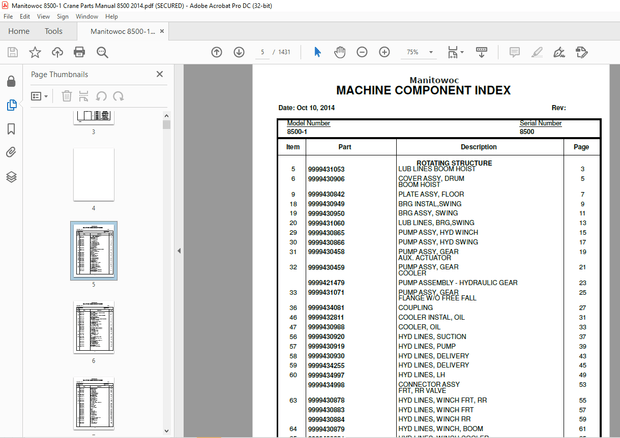 Manitowoc Crane 8500-1 Parts Manual SN 8501Ref – PDF DOWNLOAD