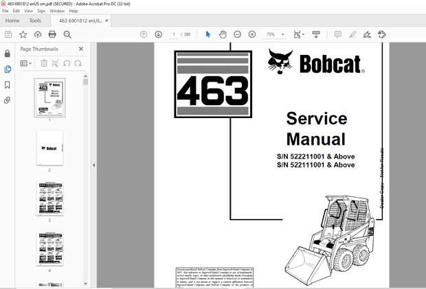Bobcat 463 Loader Service Manual 6901812 (10-12) - PDF DOWNLOAD