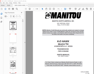 Manitou Forklift K-D HAWK 30-2/4 TH HYDROSTATIC &amp; 4-SPEED TRANSMISSIONS TIER III ENGINE Parts Manual