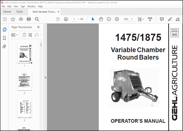 Gehl Variable Chamber Round Balers RB1475 RB1875 Operator’s Manual 907520C – PDF DOWNLOAD