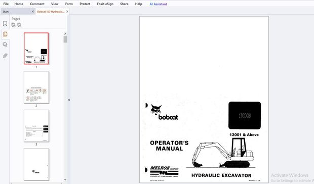 Bobcat 100 Hydraulic Excavator Operator’s Manual SN 12001 &amp; Above - PDF DOWNLOAD