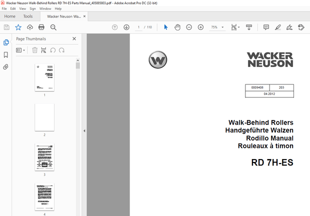 Wacker Neuson Walk-Behind Rollers RD 7H-ES Parts Manual - PDF DOWNLOAD