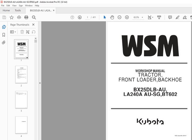 Kubota Tractor BX25D Front Loader LA240A AU-SG Backhoe BT602 Workshop Manual – PDF DOWNLOAD