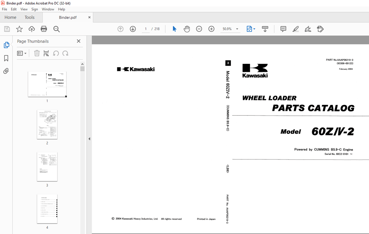 Kawasaki WHEEL LOADER 60z/v2 PARTS CATALOG Manual PDF DOWNLOAD