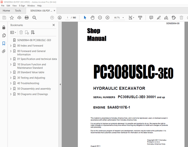 Komatsu PC308USLC-3E0 Hydraulic Excavator Service Repair Workshop Manual - PDF DOWNLOAD