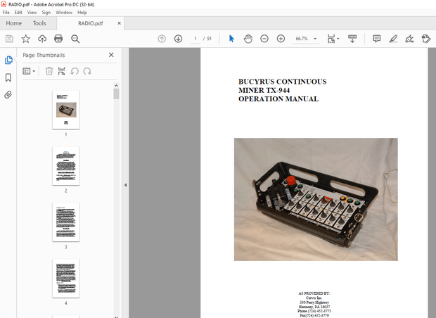 CAT BUCYRUS CONTINUOUS MINER TX-944 OPERATION MANUAL - PDF DOWNLOAD