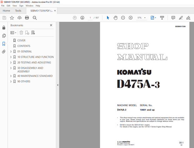 Komatsu Bulldozer D475A-3 Shop Manual SEBM017209 - PDF DOWNLAD