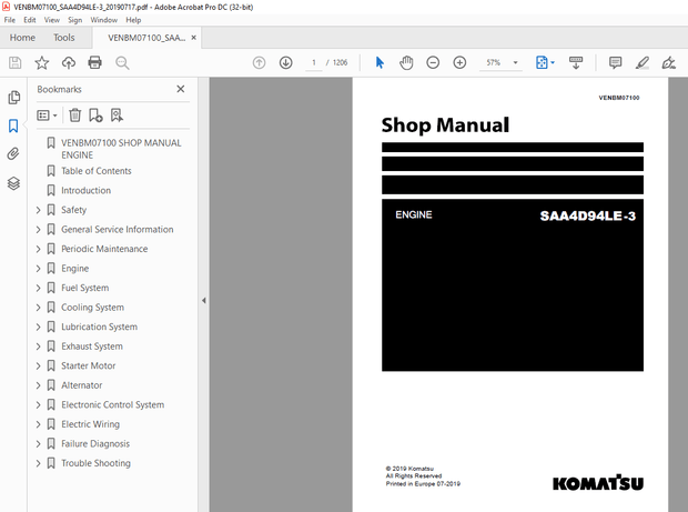 Komatsu ENGINE SAA4D94LE-3 SERVICE REPAIR WORKSHOP Manual VENBM07100 - PDF DOWNLOAD