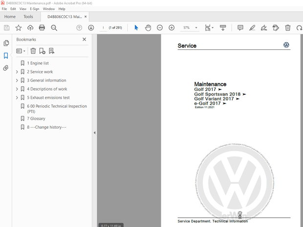 Volkswagen Golf 2017 Golf Sportsvan 2018 Golf Variant 2017 e-Golf 2017 Maintenance Manual - PDF 
